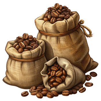 Hand Drawn Roasted Coffee Beans in Hemp Sacks Graphic png
