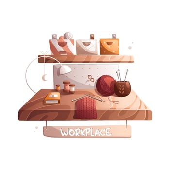 The workplace of a handmaker who is fond of knitting. Table, balls of wool lamp. vector