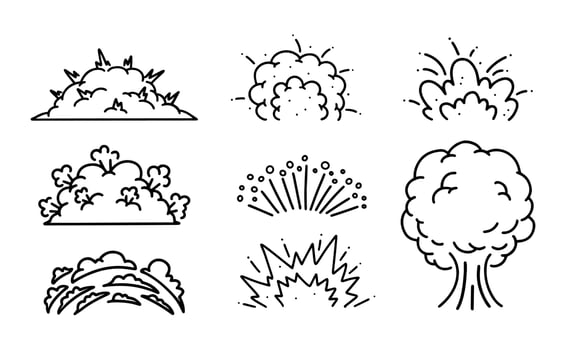 Set of Cartoon line art doodle of Comic explosion effect, Hand Drawn. vector