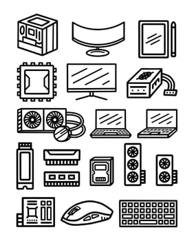 Set of Cartoon line art doodle of Computer and Tech related, Hand Drawn. vector