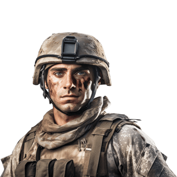 Wounded soldier mud and blood on his face against transparent background png