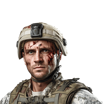 Wounded soldier mud and blood on his face against transparent background png