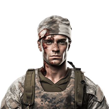 Wounded soldier mud and blood on his face against transparent background png