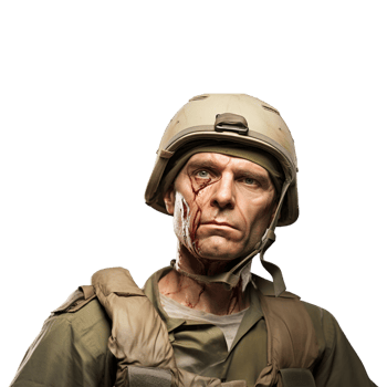 Wounded soldier mud and blood on his face against transparent background png