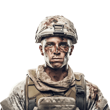 Wounded soldier mud and blood on his face against transparent background png