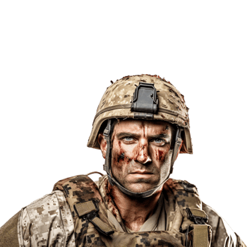 Wounded soldier mud and blood on his face against transparent background png