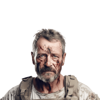 Wounded soldier mud and blood on his face against transparent background png