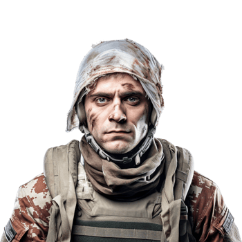 Wounded soldier mud and blood on his face against transparent background png
