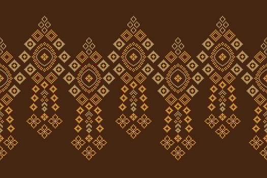 Traditional black ethnic motifs ikat geometric fabric pattern cross stitch.Ikat embroidery Ethnic oriental Pixel brown background.Abstract,illustration. Texture,decoration,wallpaper. vector