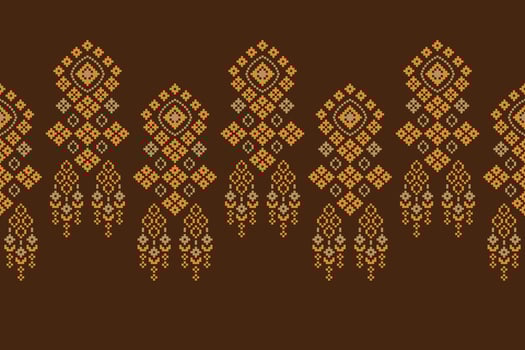 Traditional black ethnic motifs ikat geometric fabric pattern cross stitch.Ikat embroidery Ethnic oriental Pixel brown background.Abstract,illustration. Texture,decoration,wallpaper. vector