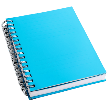 A spiral notebook with a vibrant blue cover, slightly open to reveal blank pages, inviting creativity and note-taking, isolated on a transparent background png