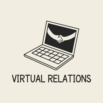 The illustration depicts a laptop with a screen that displays shaking hands. vector