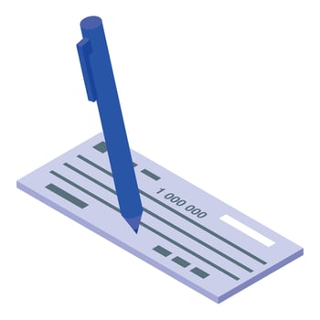 Blue pen signing million dollars check isometric view vector