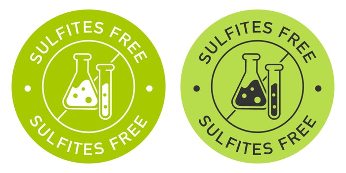 Sulfites free label design for packaging. No sulfites icon. Illustration, logo, symbol, sign, stamp, tag, emblem, mark or seal for package. Chemical allergens free product sticker. vector