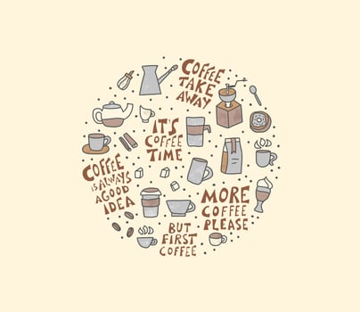 Coffee set round badge. color illustration. vector
