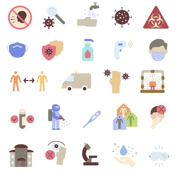 Bright colored icons. Prevention of the spread of the virus. The virus and its treatment. vector