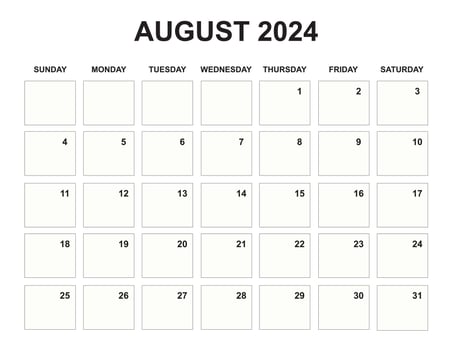 August Calendar 2024, sunday start vector