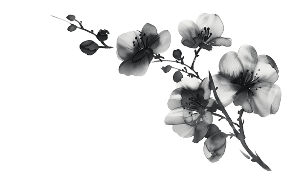 A black flowers branch delicately painted in watercolor, isolated on a transparent background png