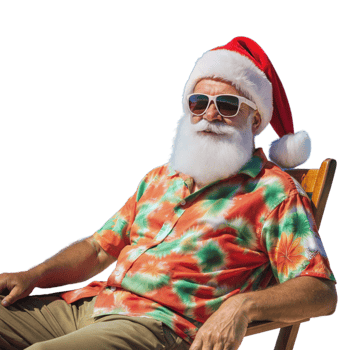 Santa Claus enjoying a sunny day in a tropical outfit and sunglasses png