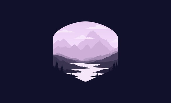Landscape badge of mountains, calm river and silhouettes of pine trees, soft green gradations layered vector