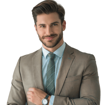 Confident man in a light brown suit with a blue tie and white shirt, hands clasped, smiling slightly, on transparent background. png