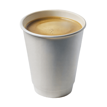 Cup of coffee with a light brown frothy top, in a disposable white cup, on a transparent background. png