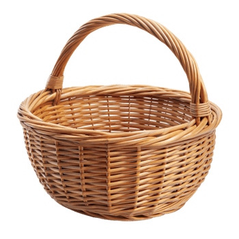 Handcrafted wicker basket with a curved handle, isolated on a transparent background. png