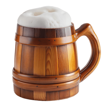 Wooden beer mug filled with frothy beer, isolated on a transparent background. png