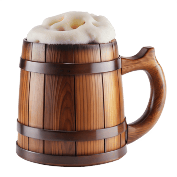 Frothy beer in a traditional wooden mug, isolated on a transparent background. png