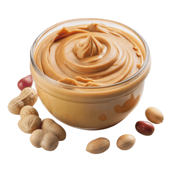 Creamy peanut butter in a jar with scattered peanuts on a transparent background png