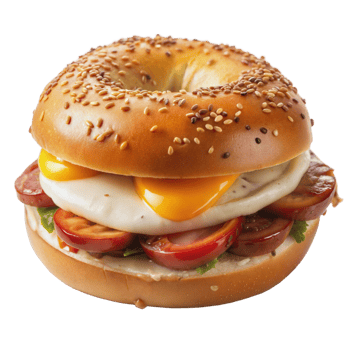 Delicious breakfast bagel sandwich with eggs and tomatoes on a transparent background png