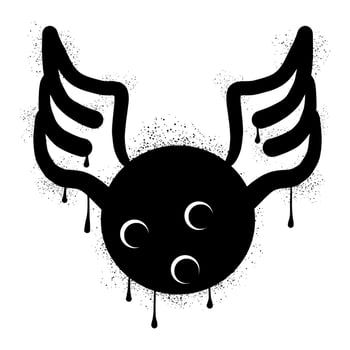 Bowling ball with wings in black spray paint graffiti vector