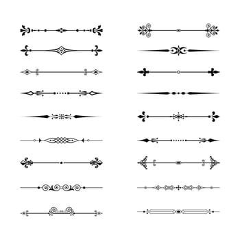 Classic line separators. Flourishes decorative dividers, book embellishment decoration ornaments, vintage text calligraphic boarders vector