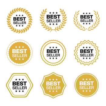 Bestseller logo label tag design template for top sales, gold award round stamp, sticker with ribbon, stars and best seller text vector
