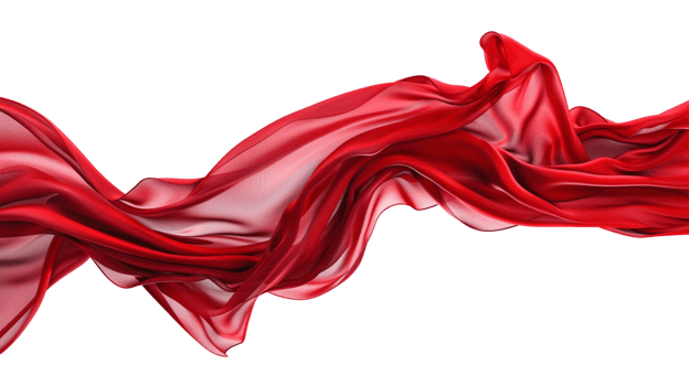 A flowing red silk fabric caught in mid-air on a transparent background png