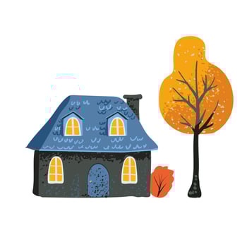 Fairytale blue house with a tiled roof in a simple minimalist style, yellow wood on a white backdrop. Postcard and poster. Packaging paper textiles vector