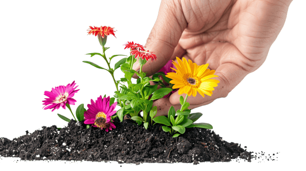 A hand holding a piece of soil with a vibrant green plant growing out of it, colorful flowers in full bloom, on a transparent background png