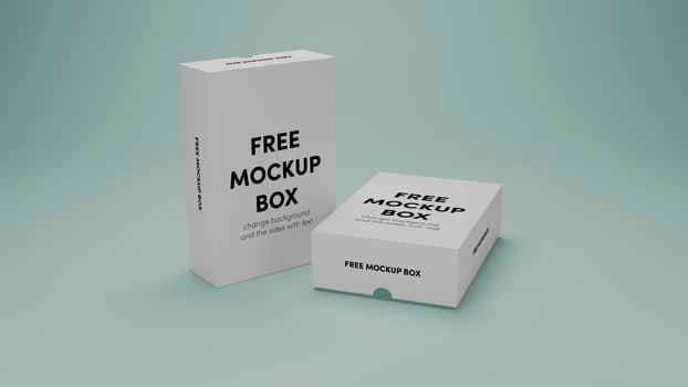 a 3D box with a white label on it and green background psd