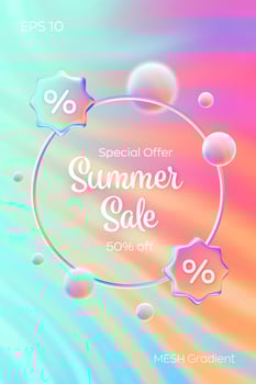 Summer sale banner. Discount percent. Mega sale special offer. Colorful sale poster. Bright sunset and sunrise iridescent sky colors. Blue, purple, orange, pink, yellow. illustration. vector