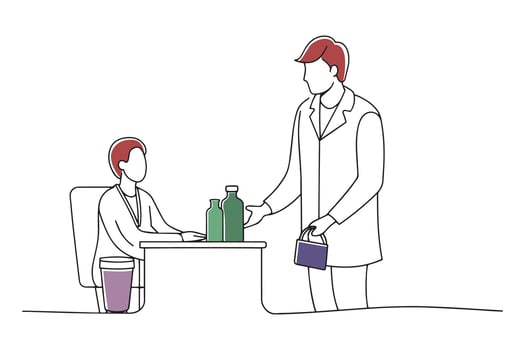 Pharmacist assisting a customer in a pharmacy shop Hand drawn offset fill with doodle illustration. vector