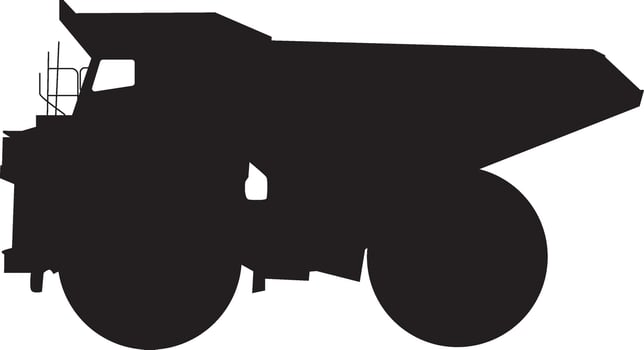Dump truck silhouette illustration full length. Construction vehicle side view. vector