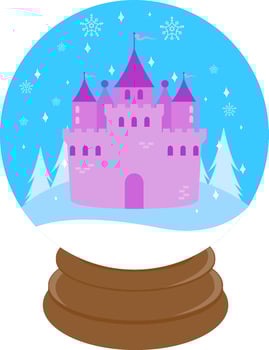 Pretty fairy tale princess in a snowy winter landscape with a castle and a snowman. Cute frozen snowflake girl queen. vector