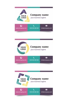 Colorful business card template with abstract 3D logos. Rose , turquoise and dark purple colors. vector