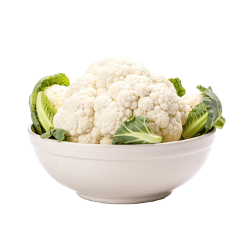 Close Up of Cauliflower Head with Crisp Leaves in Ceramic Bowl on Isolated Background png