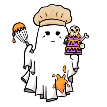 Cute cartoon ghost with Evil cake for Halloween party vector