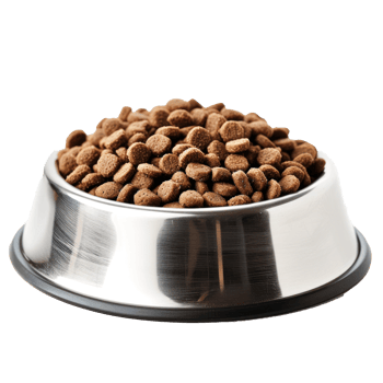 dog food in a metal bowl on transparent background png