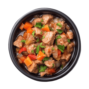 stainless steel bowl with meat and vegetables on transparent background png