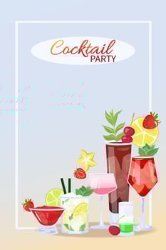 Summer banner with tropical cocktails with cut fruits and ice cube. Beach holidays. Summer sale, party, cafe-bar concept. Illustration alcoholic drinks mix. Poster, advertising, flyer vector