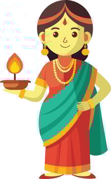 Indian woman wearing sari and carrying a lamp vector