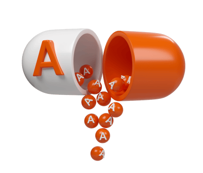 Vitamin A orange in capsule 3d icon. Minerals complex in molecular form pills. Dietary supplement for pharmacy advertisement. Science medic concept transparent png